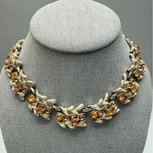 Vintage MCM Gold Tone Leaf Link Choker Necklace 14" Orange Brown Rhinestones